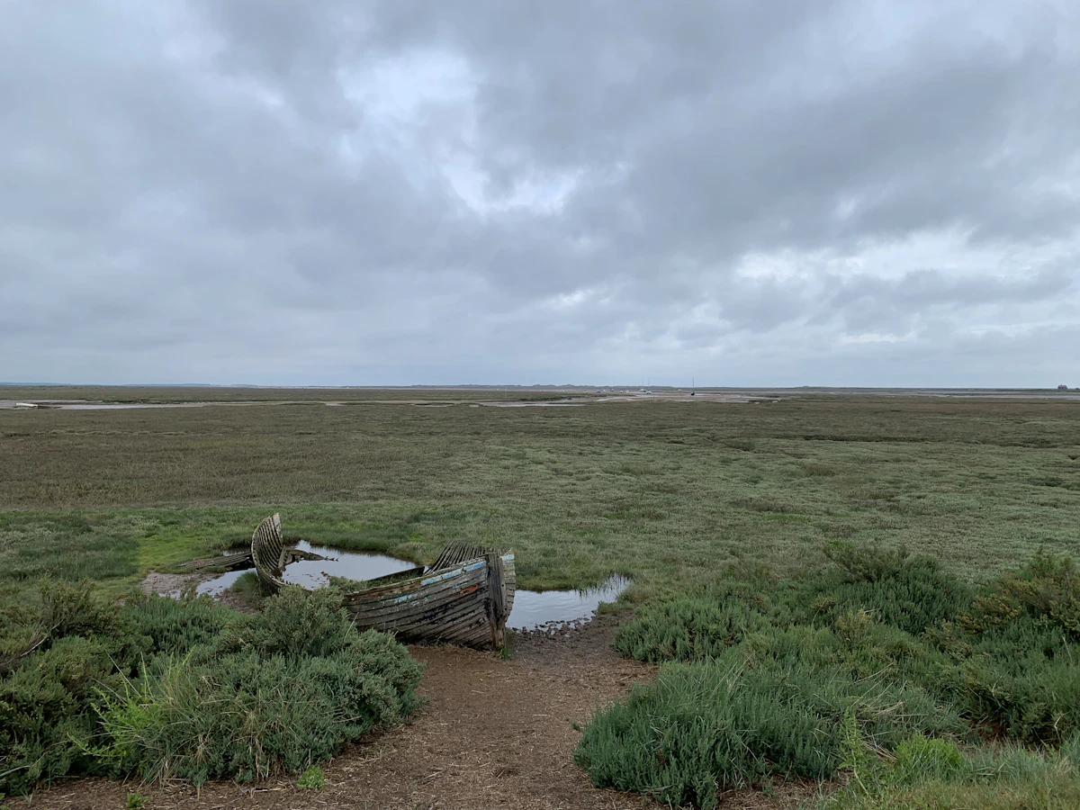 A weathered wooden boat resting in the salt marsh under a soft grey sky