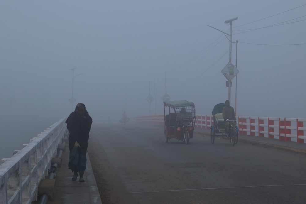 woman walking in bridge during foggy day