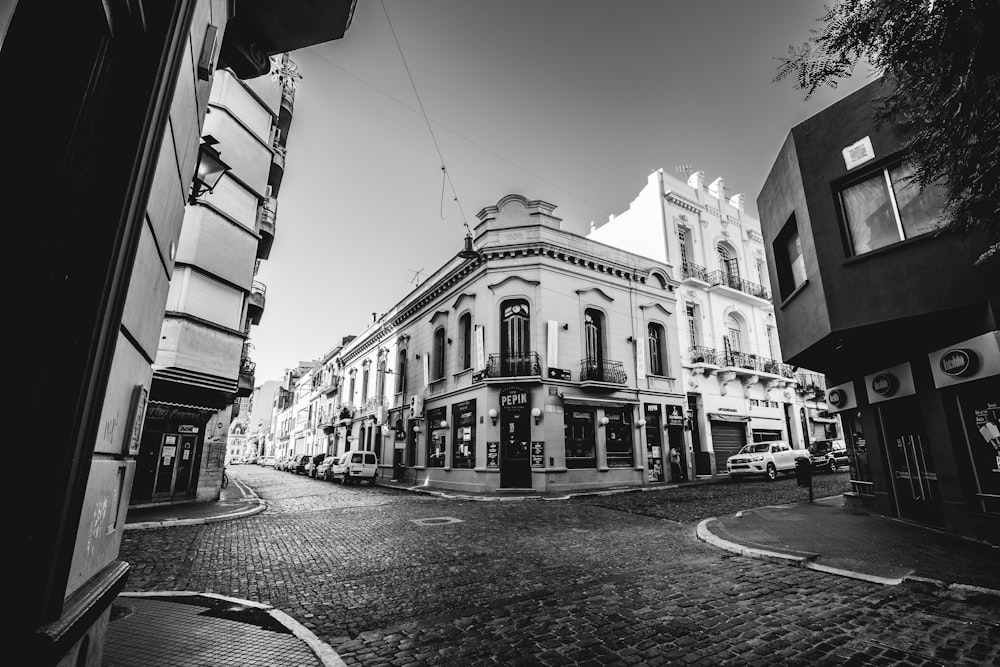 greyscale photography of buildings