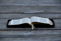 An open book displayed on a wooden surface, with visible tabs and a ribbon marker. The pages contain text in a neatly printed format.