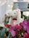 Two plush bunnies dressed in cute outfits, surrounded by pink roses and green foliage. A cake with star decorations is visible in the background, set on a table adorned with lights.