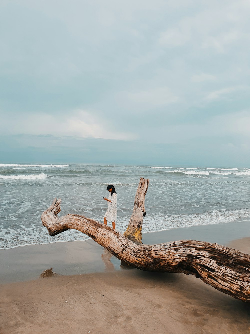 woman standing on brown driftwood during daytime