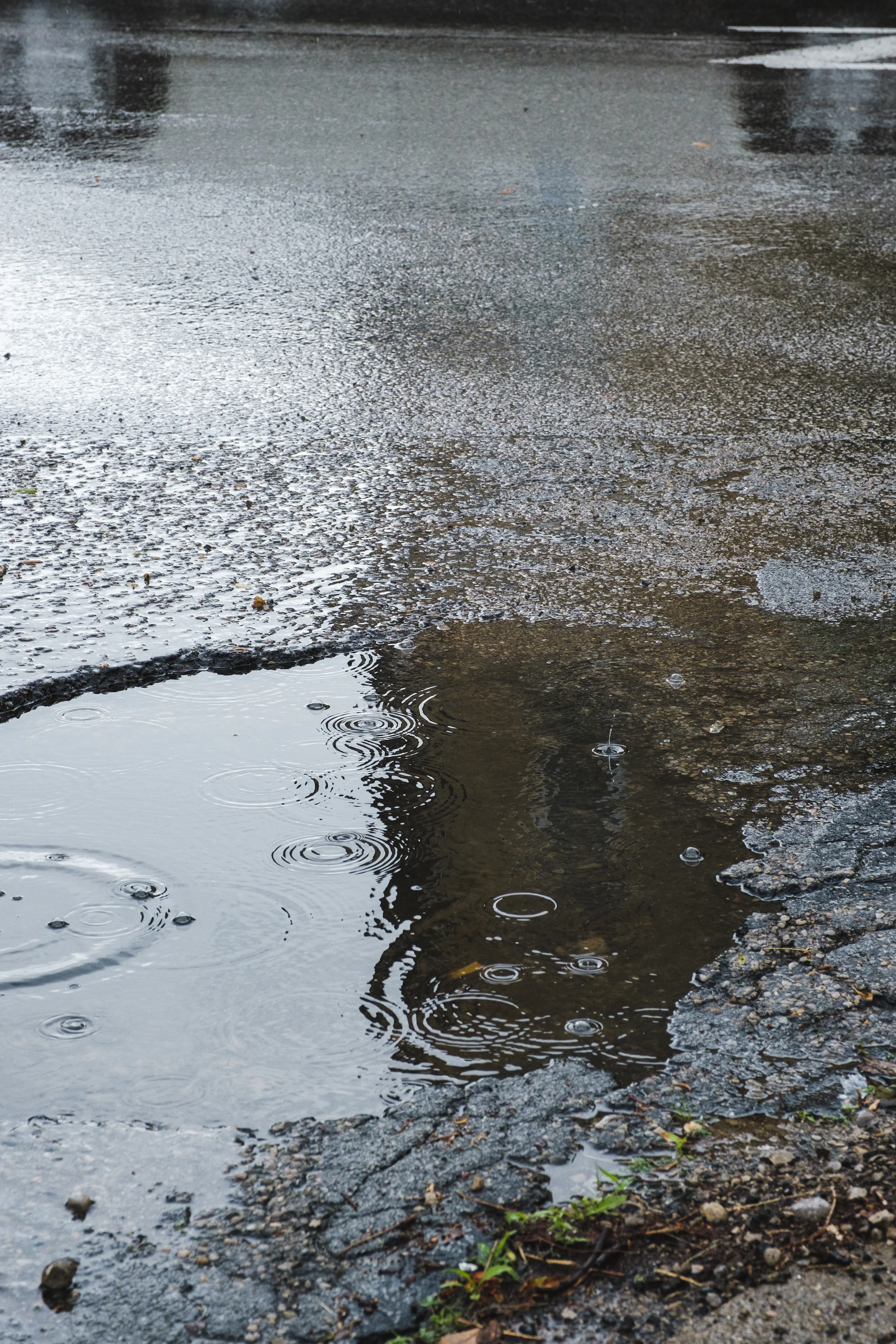 Raindrops falling into a large puddle on a cracked, waterlogged road surface