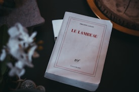 A book titled 'Le Lambeau' by Philippe Lan&ccedil;on rests on a dark surface. The cover is predominantly white with red and black text. The book appears slightly worn, suggesting it has been read or handled. Surrounding the book are blurred objects, including what looks like a plant and part of a decorative item, adding to the intimate and cozy atmosphere of the scene.