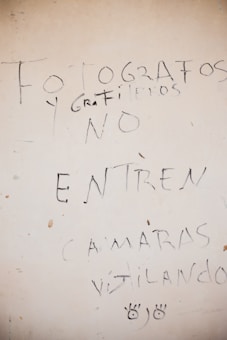 A handwritten warning message on a worn, beige wall reads: 'Fotografos y grafiteros no entren, c&aacute;maras vigilando.' It is written in black marker with some corrections and an emphasis on the word 'no.' Below the text are two drawn eyes symbolizing vigilance.