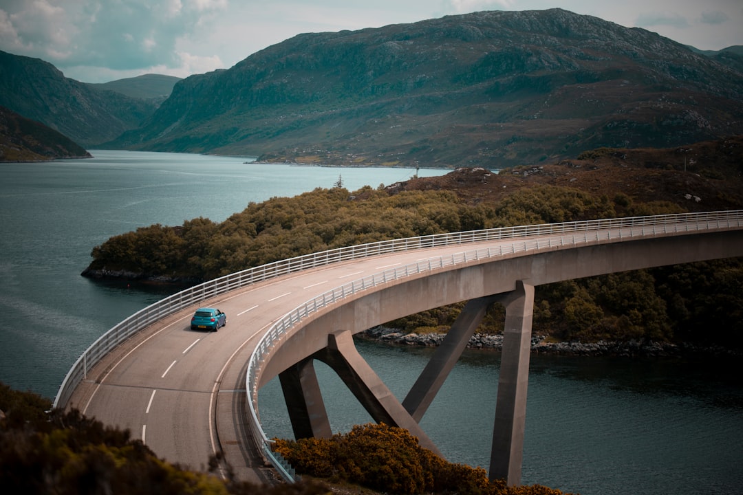 blue vehicle driving on bridge during daytime,