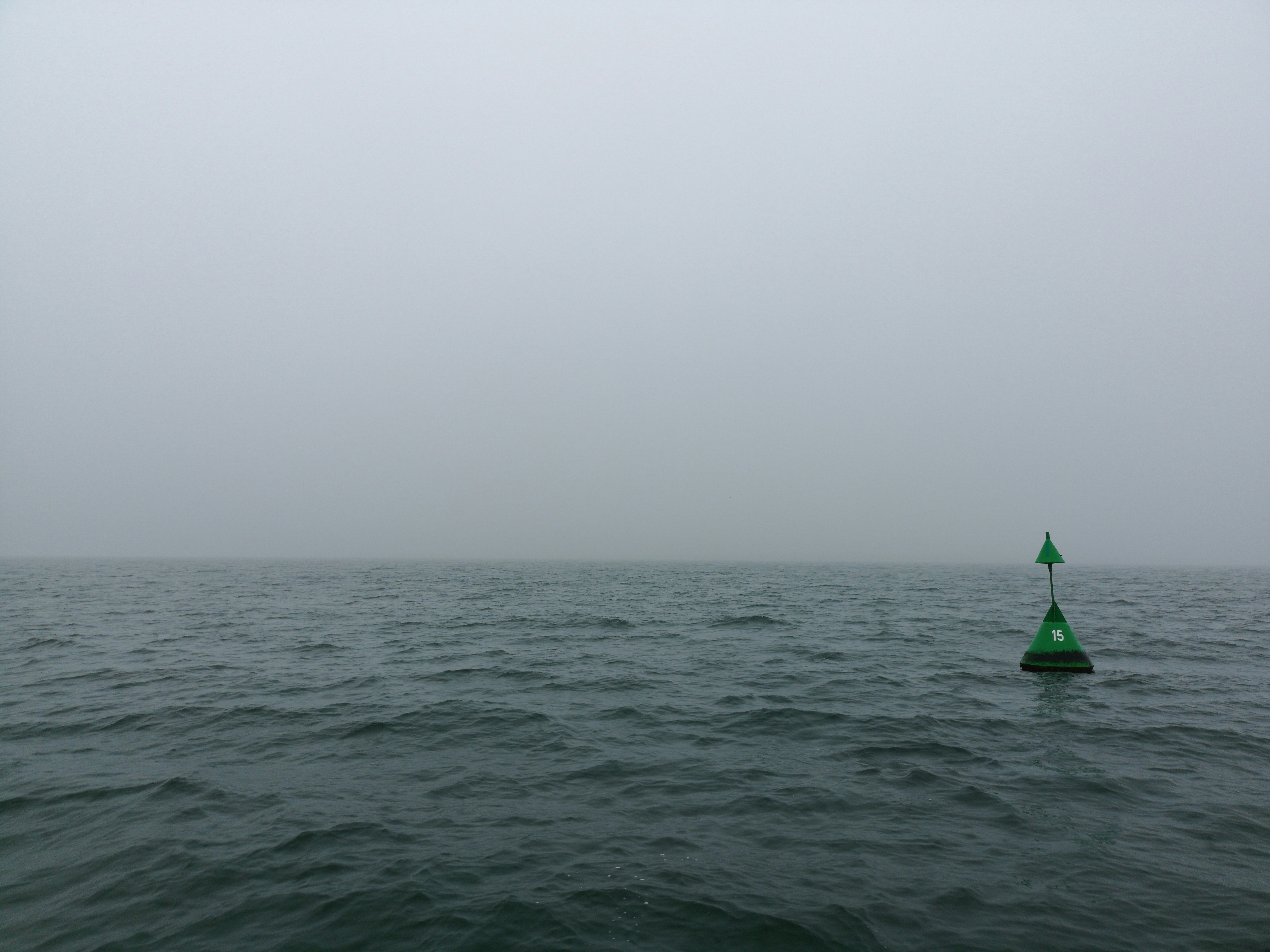green device on body of water with fog close-up photography