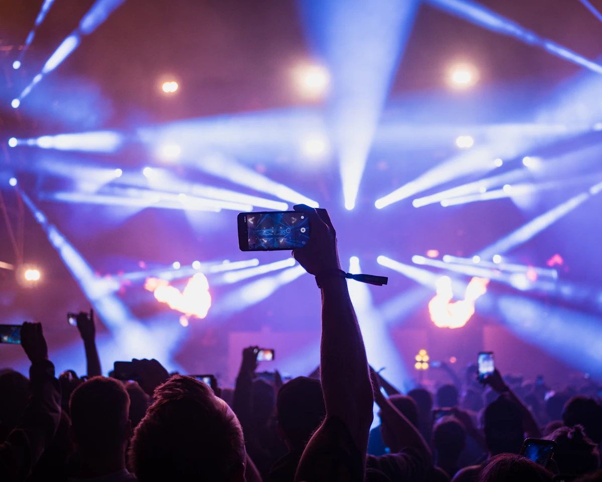 Live event AV crew with lighting and audio gear