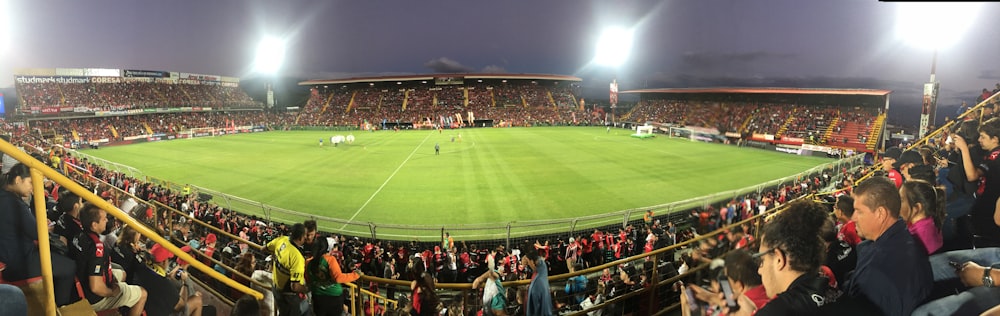 people watching soccer inside stadium during night