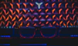 A bold, colorful pair of eyeglasses on a vibrant patterned fabric.