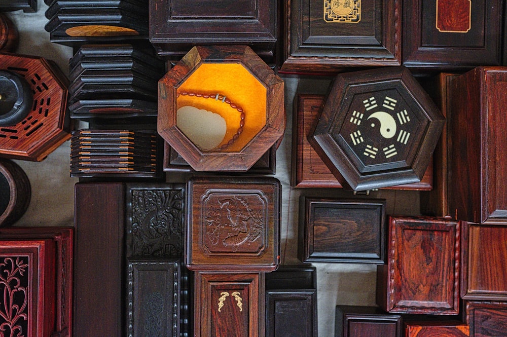 brown wooden accessory lot close-up photography