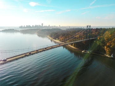 aerial view of island with bridge