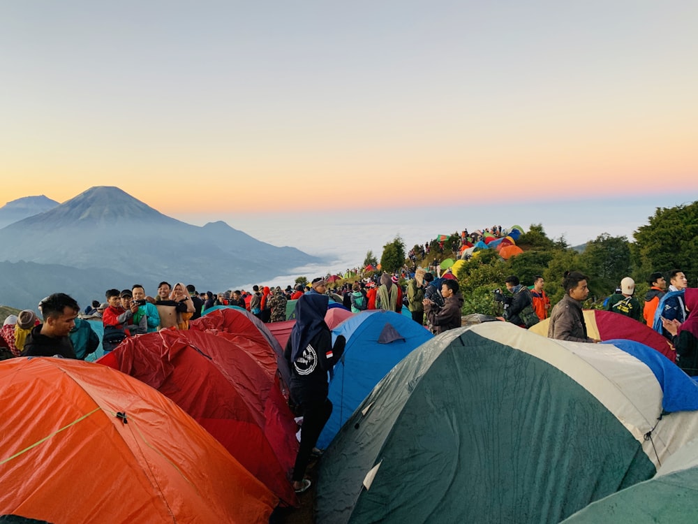 group of people standing near tents