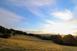 A serene countryside with rolling hills and a sunset.
