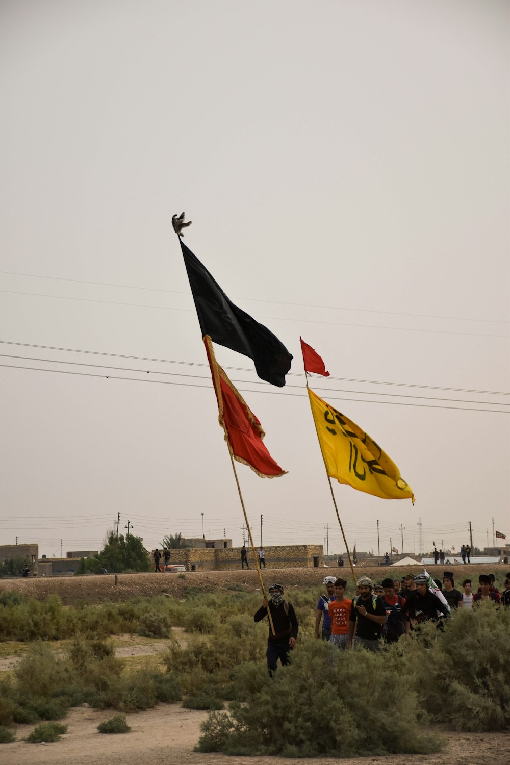 people marching near outdoor while holding flags during daytime