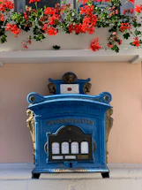 Soft pastel illustration of a vintage mailbox with blooming roses around it.