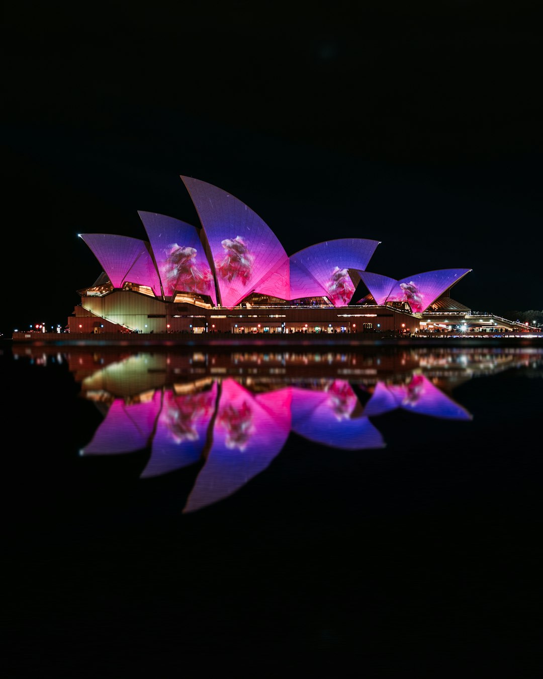 pink-and-purple lighted Sydney Opera House