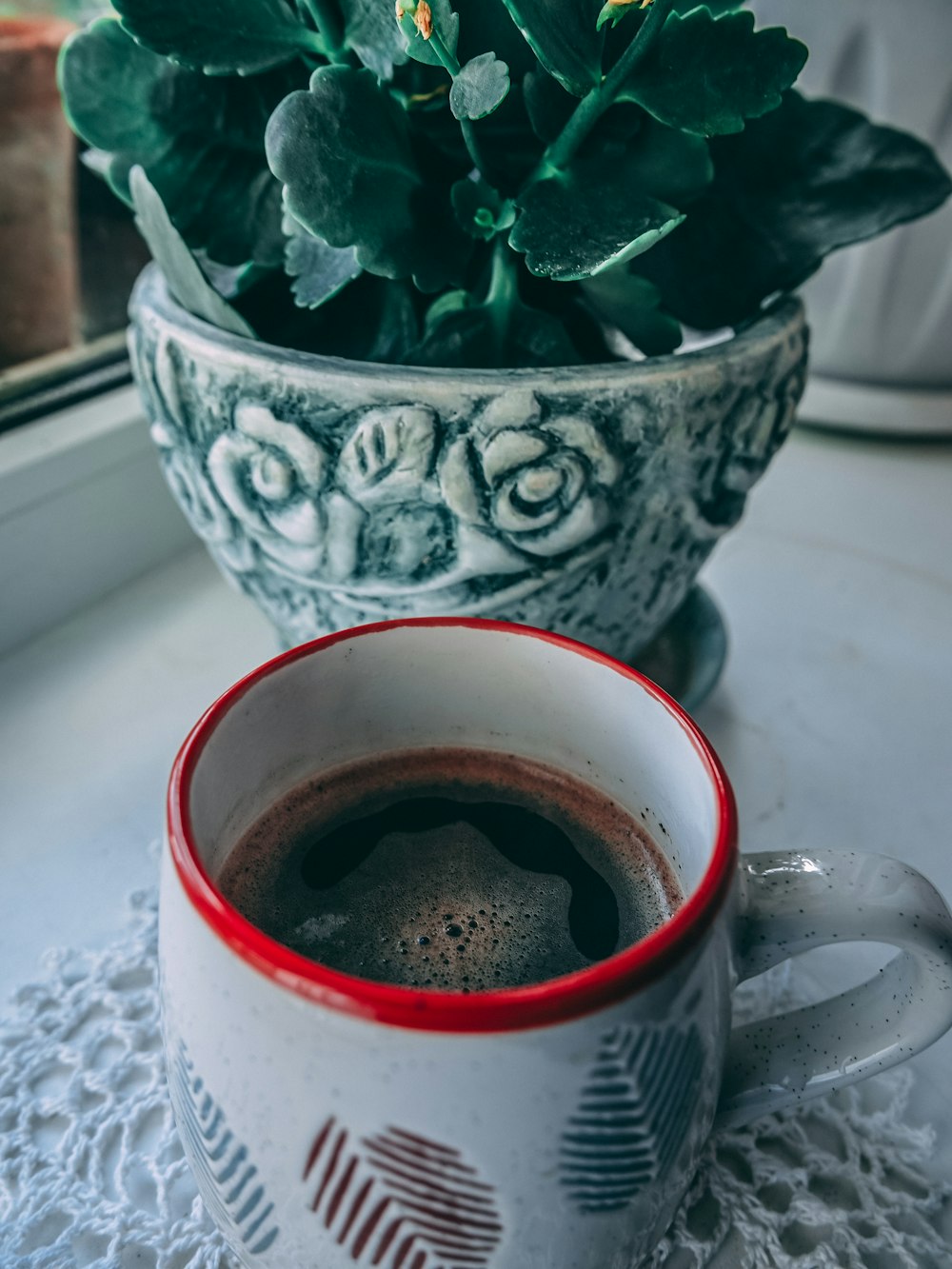 beverage filled mug beside plant in pot