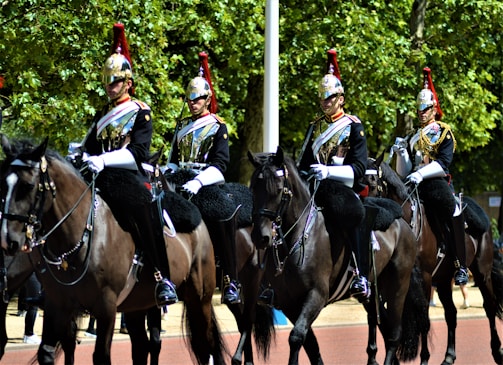 Four equestrians dressed in ornate uniforms ride black horses along a tree-lined avenue. The riders wear reflective helmets with red plumes and carry swords, and their attire is adorned with gold and white details. The scene suggests a formal or ceremonial event, and the trees in the background provide a natural backdrop.