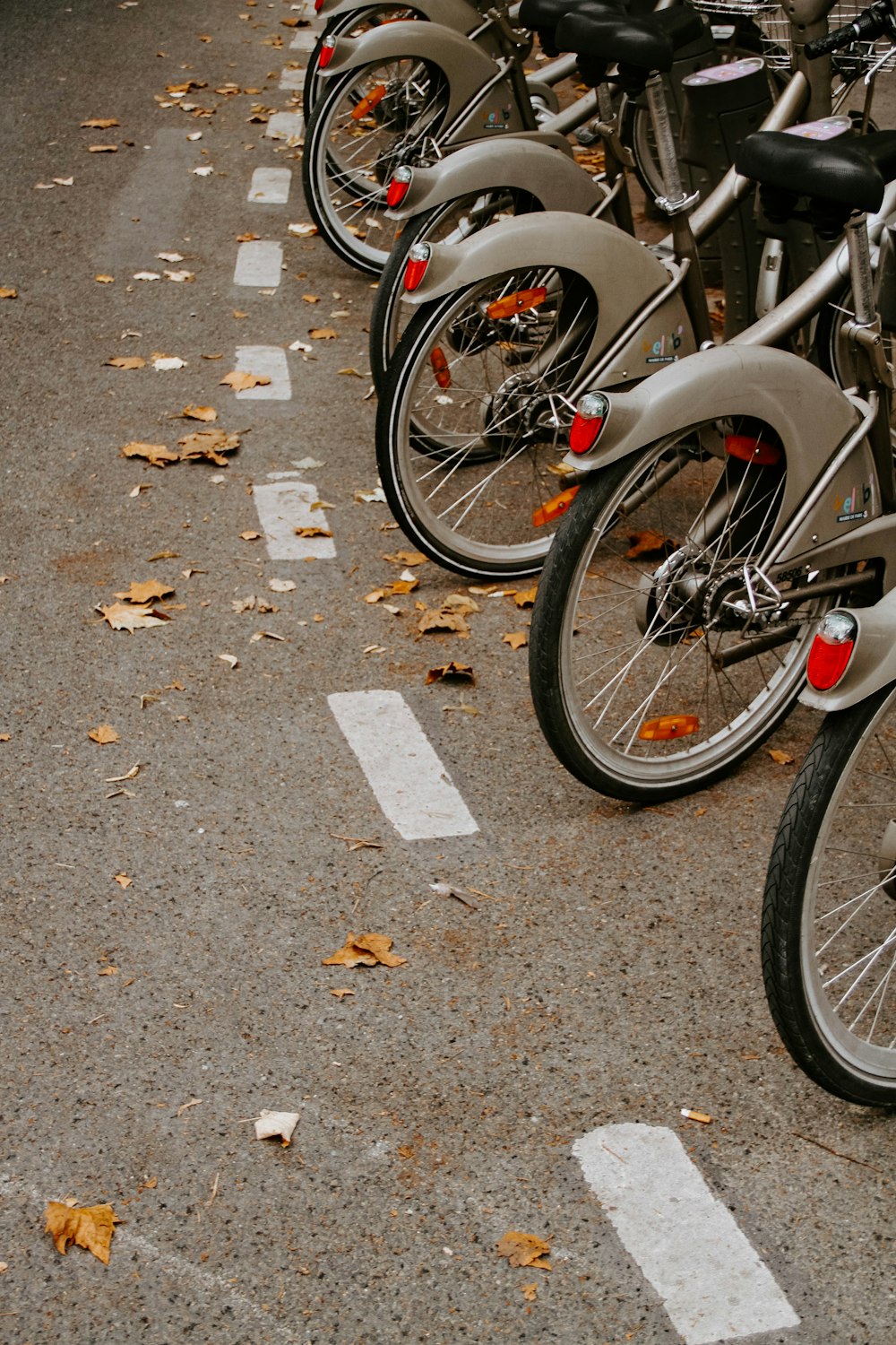 grey bicycles parked at roadside