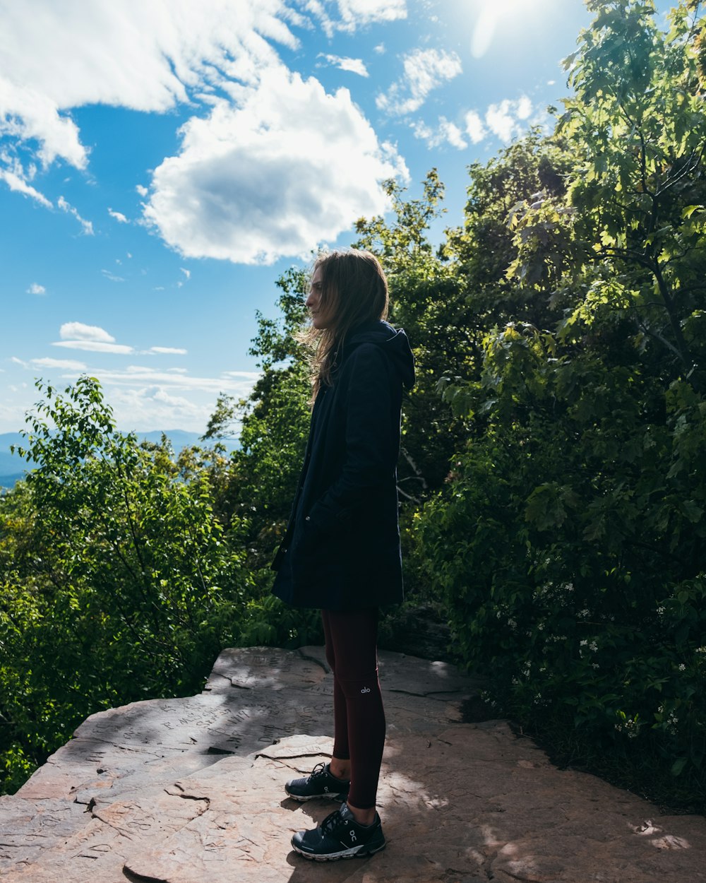 mulher que está perto de plantas sob nuvens brancas e céu azul