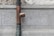 A copper drainpipe is mounted on a rough stone wall with a flared connector. The wall appears to be made of gray bricks that vary slightly in texture and color.
