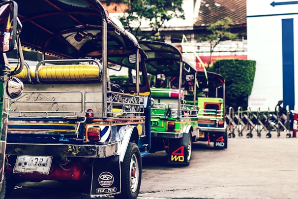 A row of remorques lined up early morning, ready to take visitors on their Phnom Penh adventures.