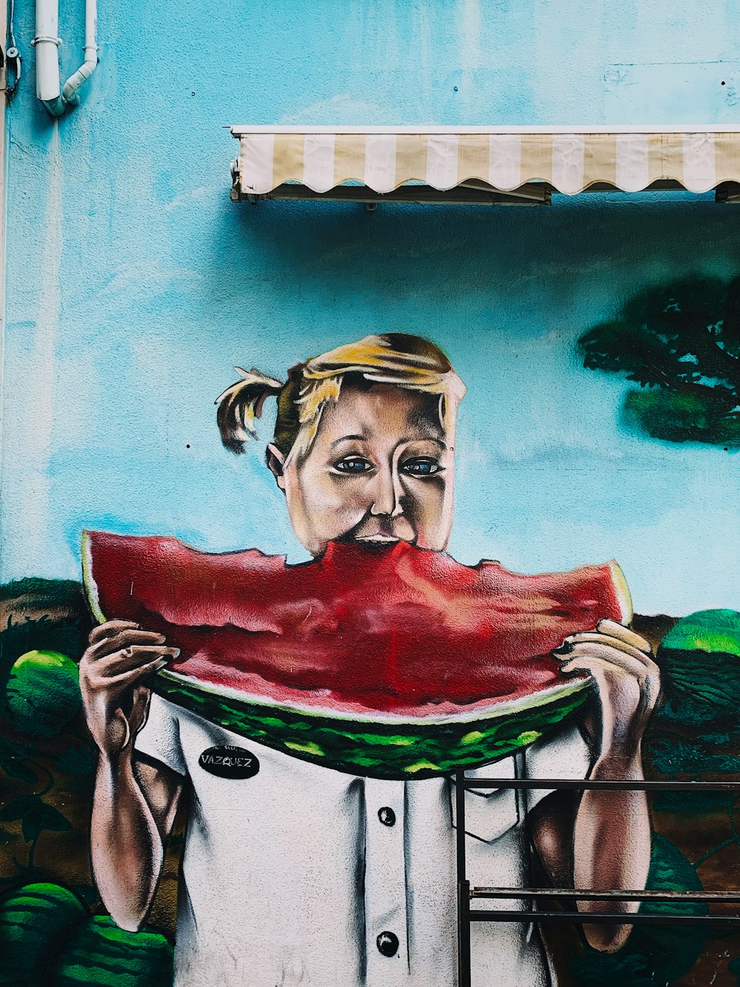 painting of woman eating watermelon fruit