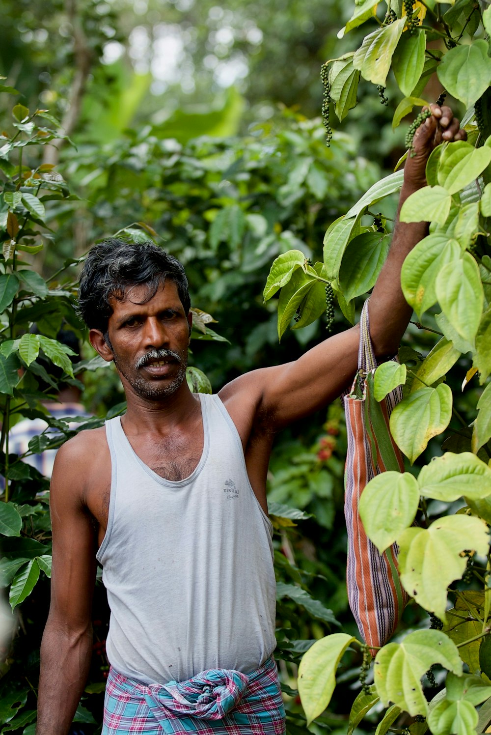 man in white tank top standing beside tree