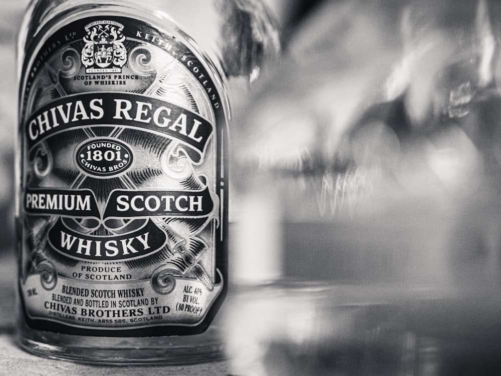 grayscale photo of Chivas Regal whisky