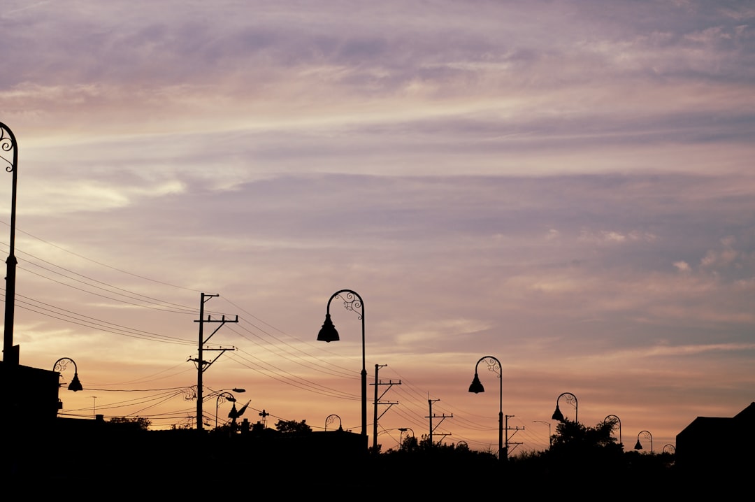 silhouette of utility poles during golden hour