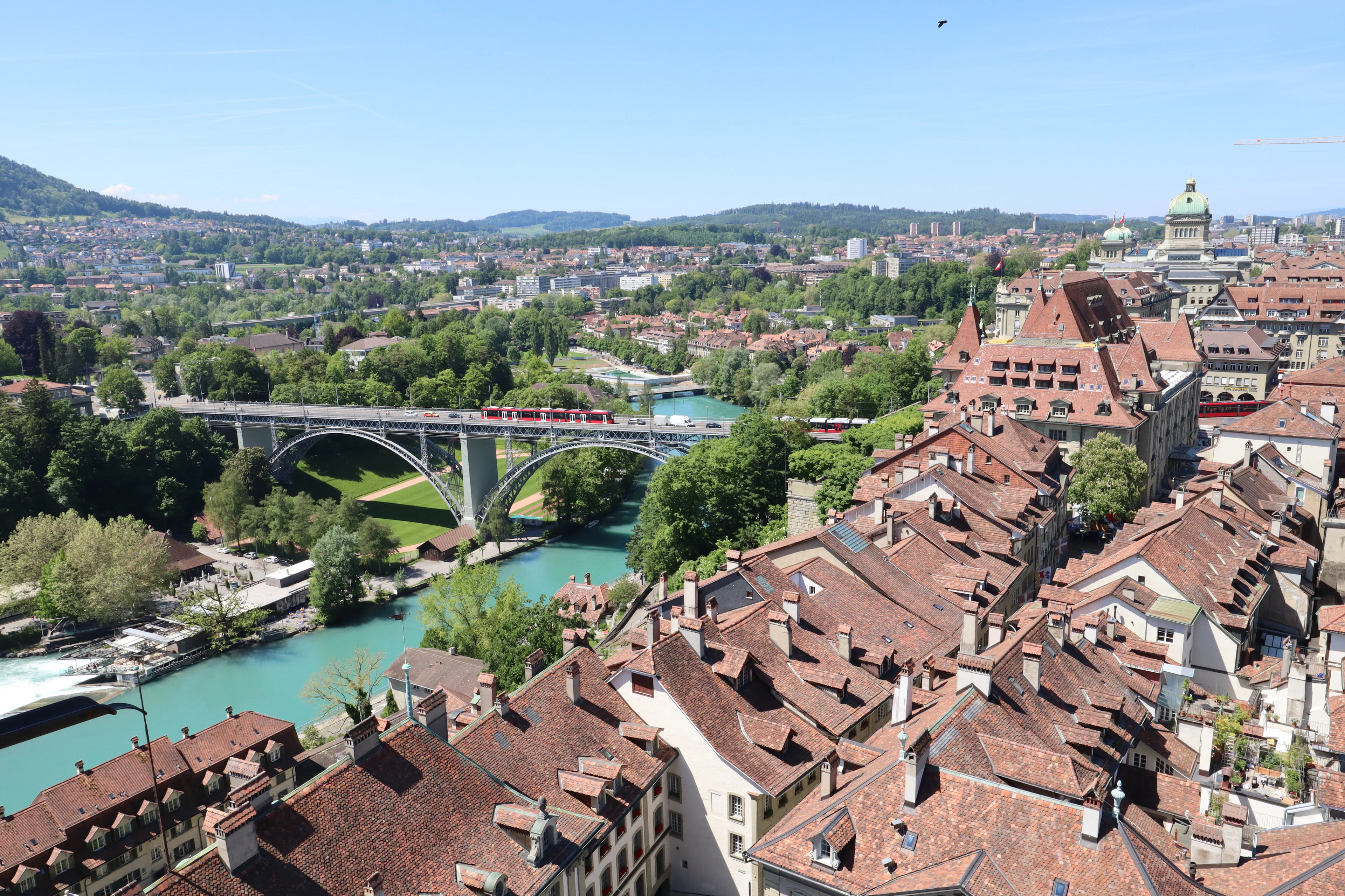 Bern's brown-tiled Old Town rooftops from above