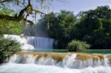An influencer recording a lively video review near a cascading waterfall surrounded by tropical plants.