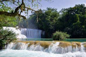 A serene waterfall cascading into a natural pool surrounded by dense jungle