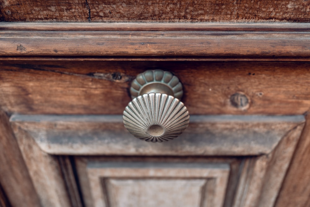 a close up of a door handle on a wooden door