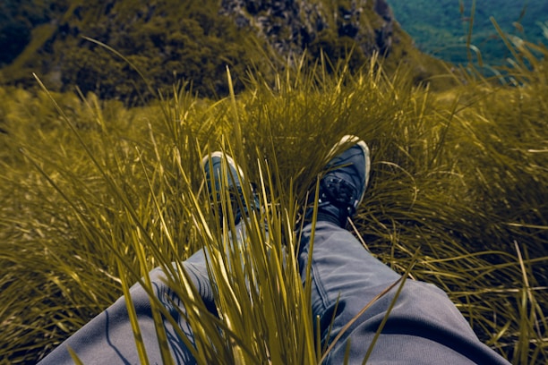 Feet recline amidst tall grass in a lush, mountainous landscape, evoking a sense of relaxation and immersion in nature.