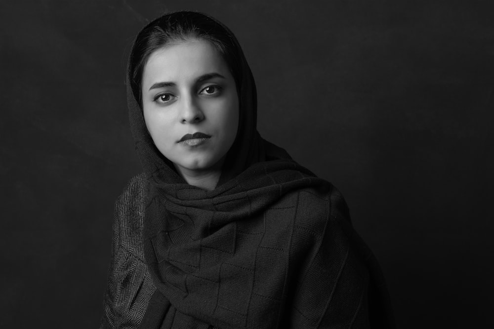 grayscale photo of woman in hijab