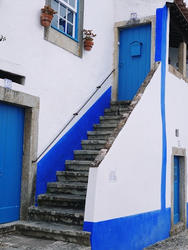 A rustic exterior of a white building with vibrant blue doors and window trim. Stone steps lead to a second level, flanked by a contrasting blue wall. Two potted plants hang on the wall near a window, adding a touch of nature.