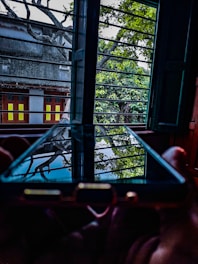A smartphone is held near an open window, reflecting trees and the outdoor scene in its screen. The room has dim lighting, and the window bars are visible, framing a view of a building with yellow and red window panes. The outside environment includes lush green foliage and branches silhouetted against the sky.