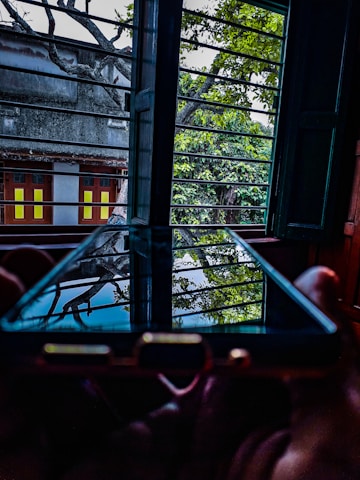 A smartphone is held near an open window, reflecting trees and the outdoor scene in its screen. The room has dim lighting, and the window bars are visible, framing a view of a building with yellow and red window panes. The outside environment includes lush green foliage and branches silhouetted against the sky.