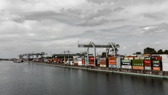 selective color photography of container crates at port