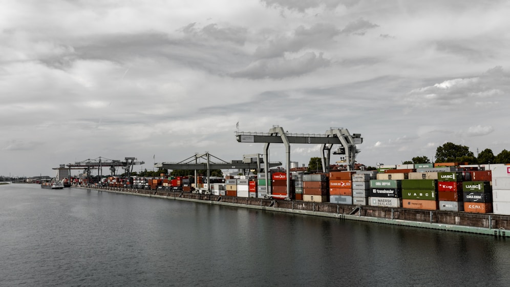 selective color photography of container crates at port