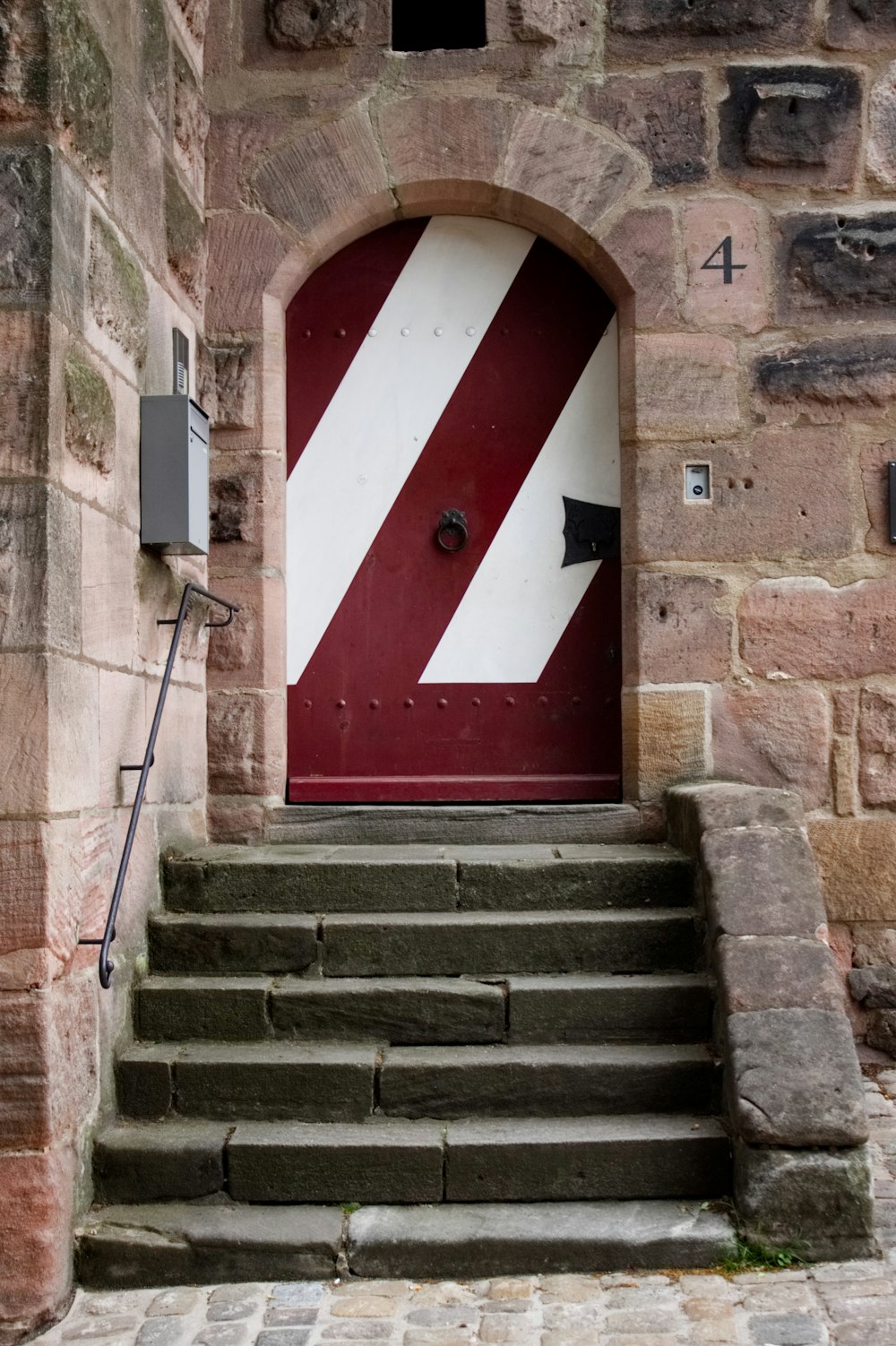 closed red and white metal gate