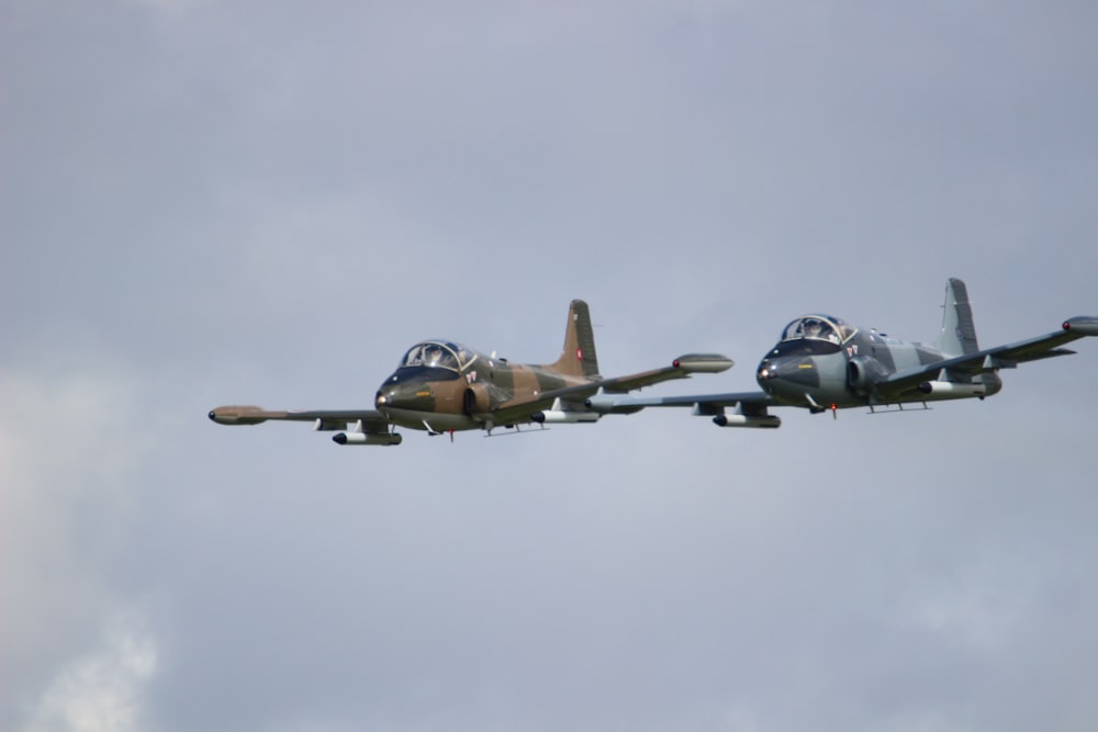 two fighter planes flying alongside together during daytime