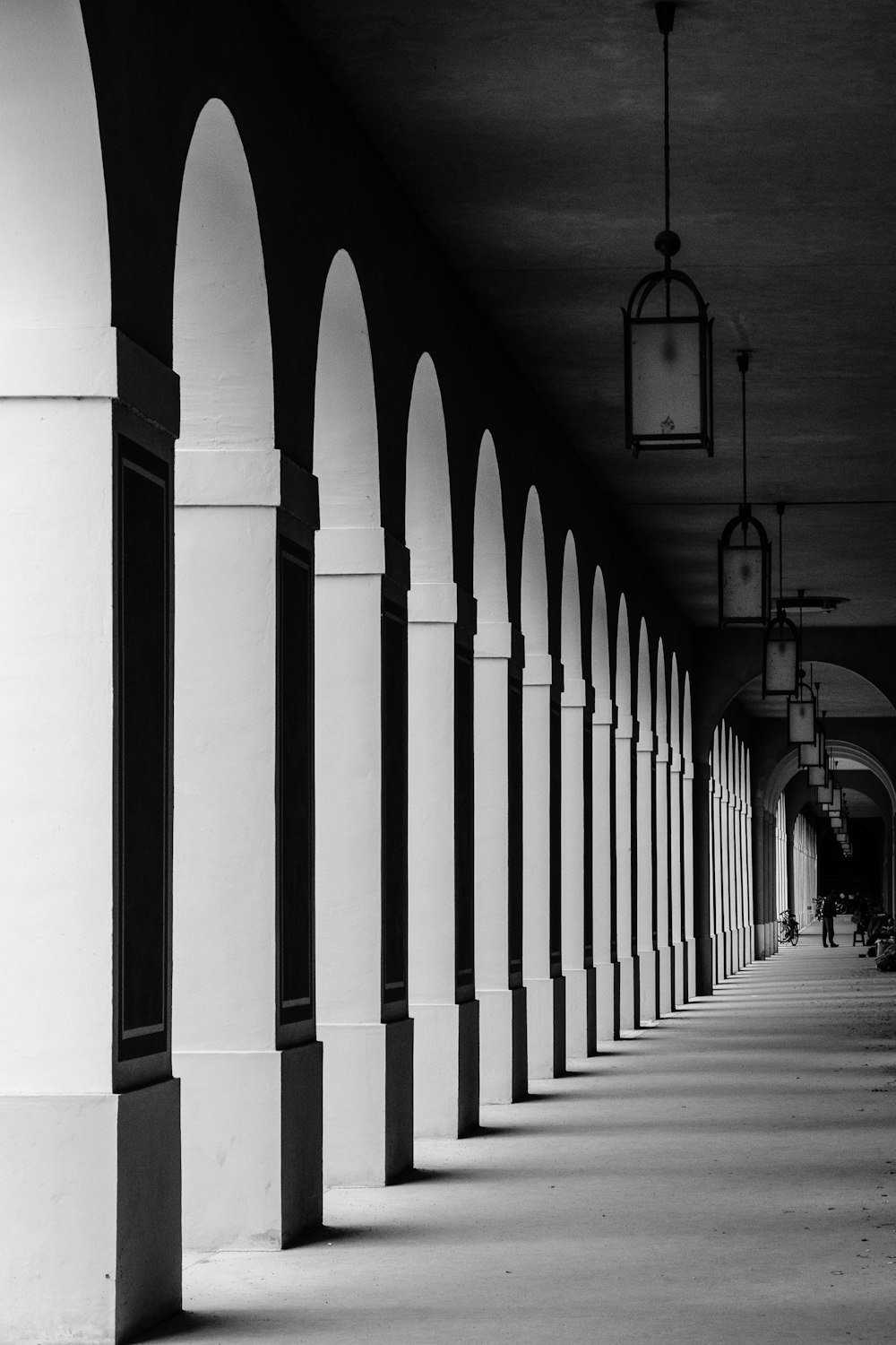 grayscale photography of hallway