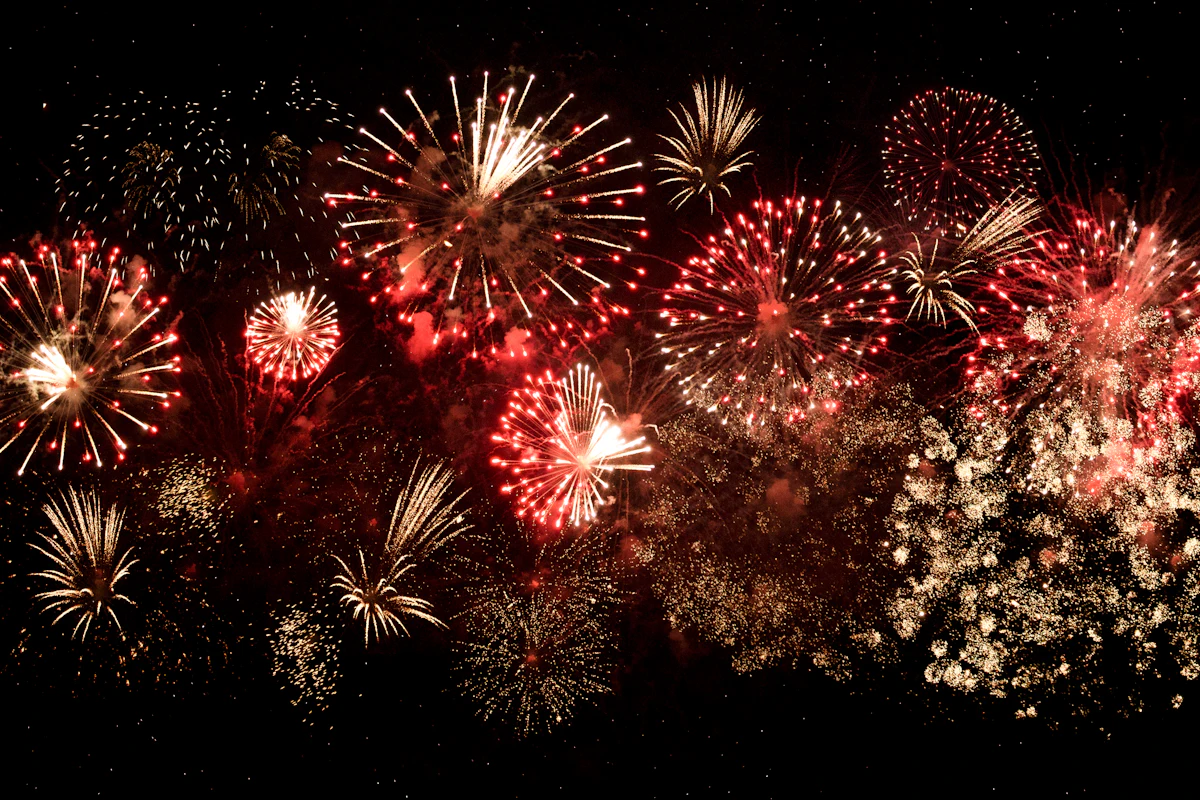Yellow and red fireworks exploding against a dark night sky.