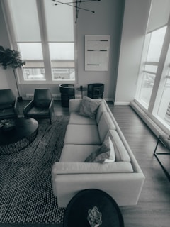grayscale photo of empty living room