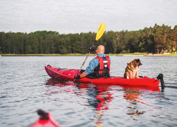 man riding kayak with dog near forest