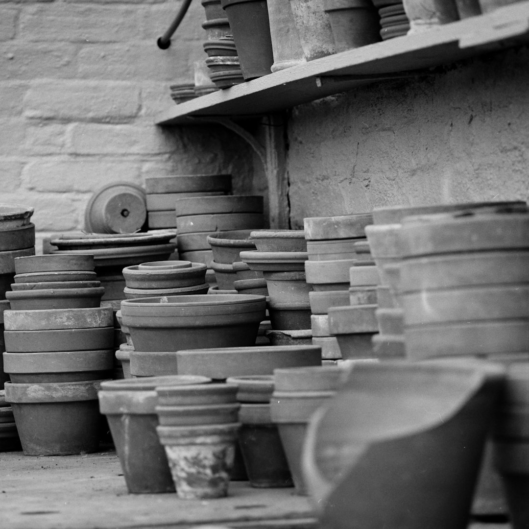 grayscale photography of clay pots