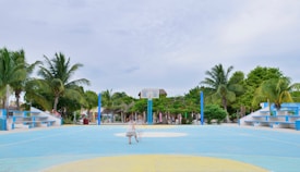 An outdoor basketball court is bordered by vibrant green palm trees and other foliage. The court itself is painted in blue with white sidelines and markings. On either side, there are blue and white bleachers. The sky is slightly overcast, providing a soft light over the scene. A blurred figure is positioned on the court, suggesting motion.